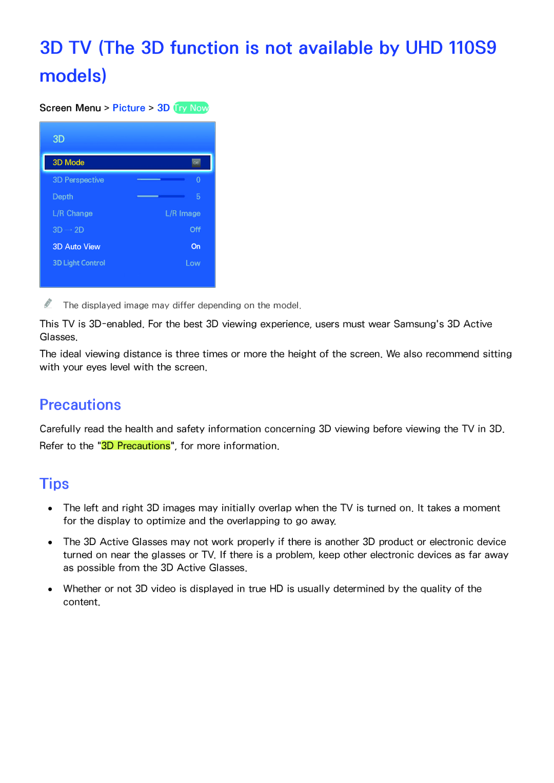 Samsung UA110S9VRXZN, UA110S9VRXUM, UA110S9ARXUM manual 3D TV The 3D function is not available by UHD 110S9 models, Tips 
