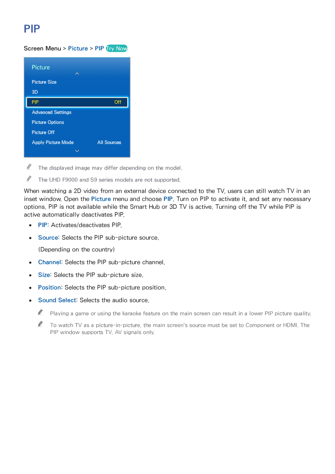 Samsung UA110S9VRXZN, UA110S9VRXUM, UA110S9ARXUM manual Pip, Picture 