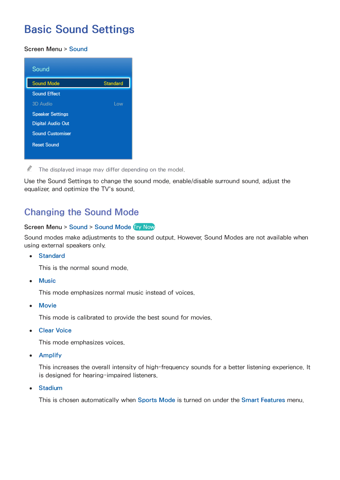 Samsung UA110S9ARXUM, UA110S9VRXUM, UA110S9VRXZN manual Basic Sound Settings, Changing the Sound Mode 