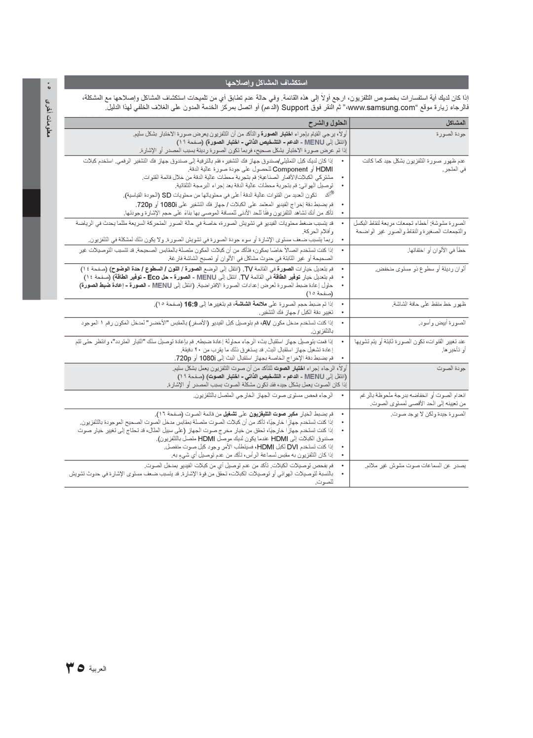 Samsung UA32C4000PXTW, UA26C4000PXSV, UA26C4000PXTW manual اهحلاصإو لكاشملا فاشكتسا, 35 ةيبرعلا, حرشلاو لولحلا لكاشملا 