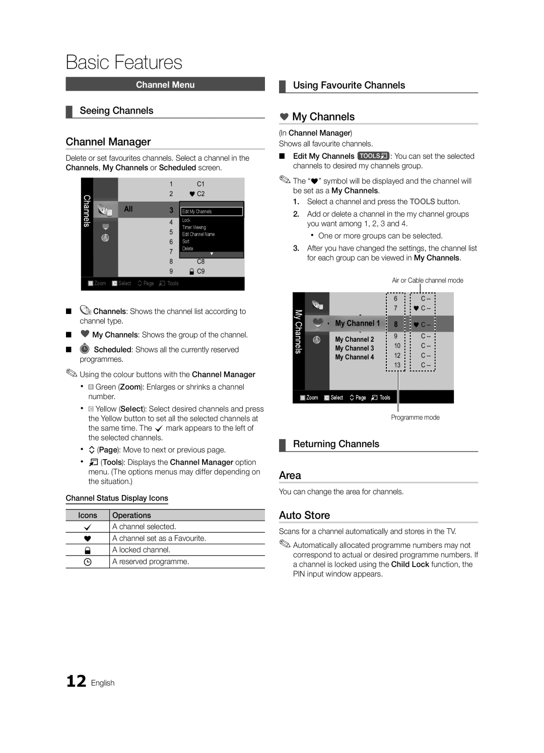 Samsung UA22C4000PXKE, UA26C4000PXSV, UA26C4000PXTW, UA32C4000PXUM manual Channel Manager, My Channels, Area, Auto Store 