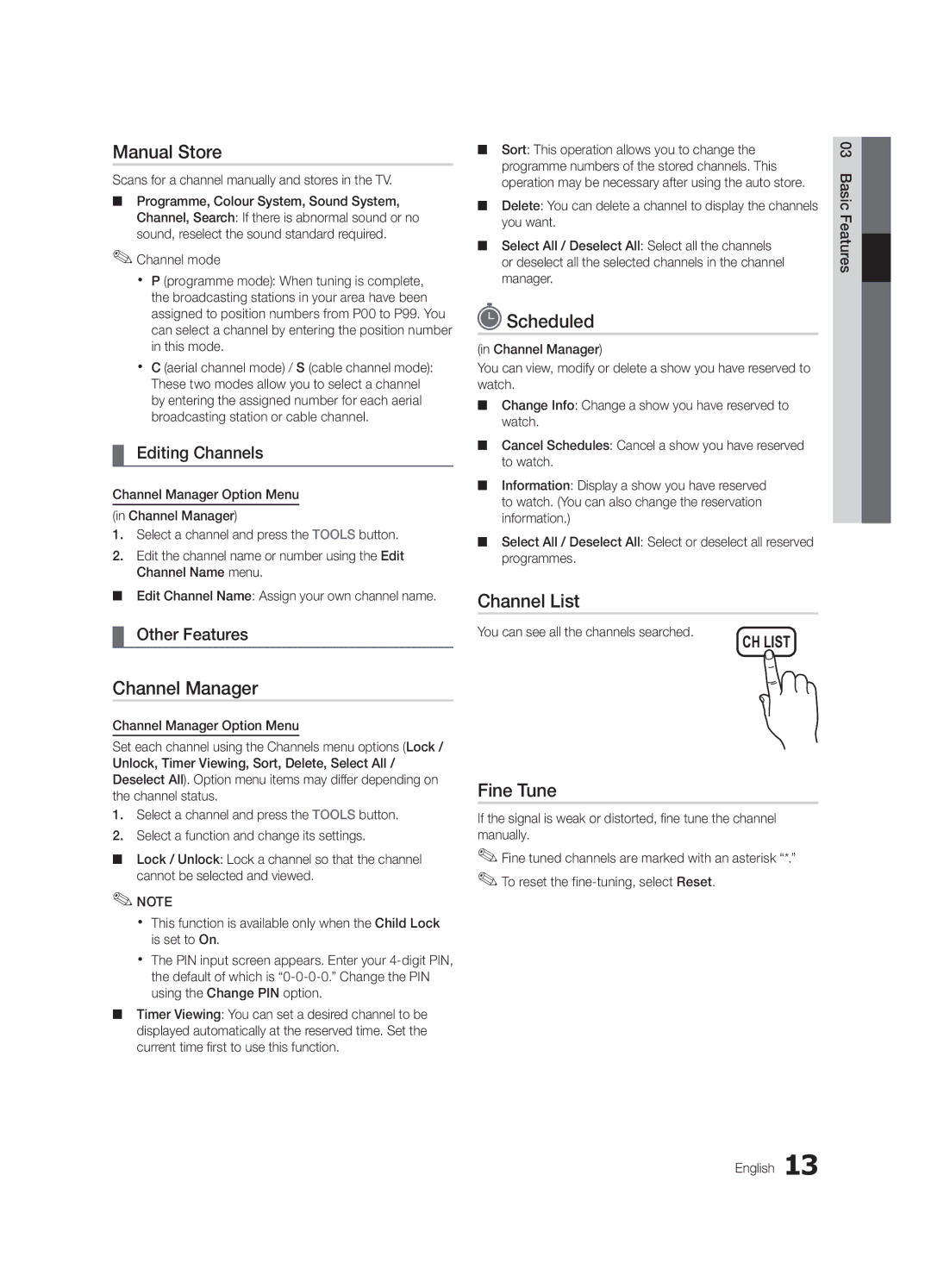 Samsung UA32C4000PSHD, UA26C4000PXSV, UA26C4000PXTW, UA32C4000PXUM manual Manual Store, Scheduled, Channel List, Fine Tune 