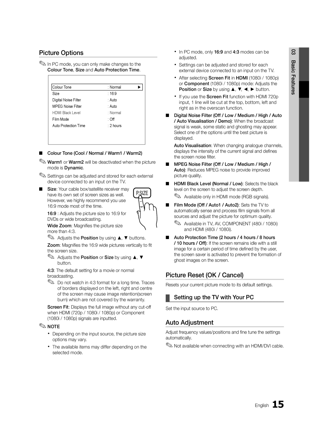 Samsung UA22C4000PXTW manual Picture Options, Picture Reset OK / Cancel, Auto Adjustment, Setting up the TV with Your PC 