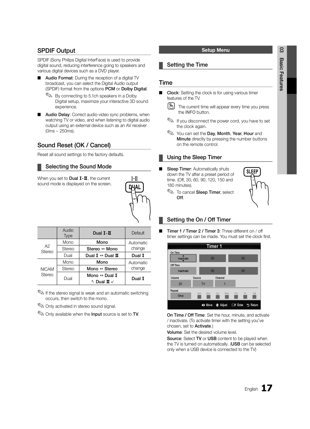 Samsung UA32C4000PXSV, UA26C4000PXSV, UA26C4000PXTW, UA32C4000PXUM, UA22C4000PXHC Spdif Output, Sound Reset OK / Cancel, Time 