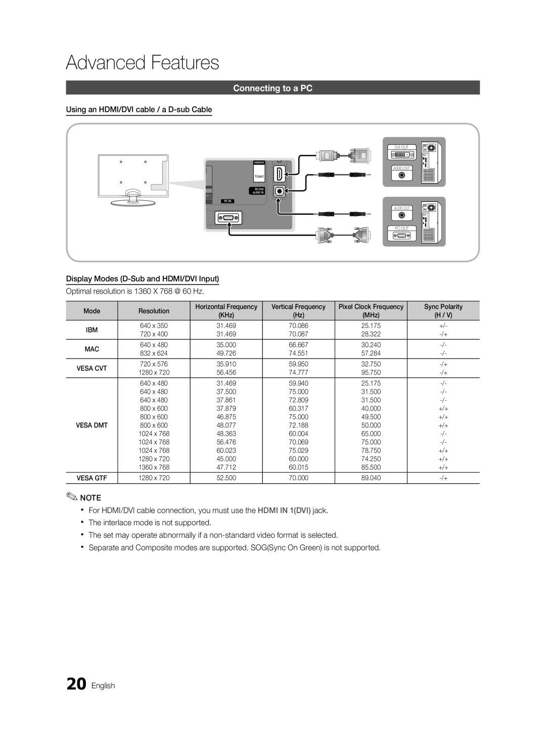 Samsung UA26C4000PXZN, UA26C4000PXSV manual Advanced Features, Connecting to a PC, Using an HDMI/DVI cable / a D-sub Cable 