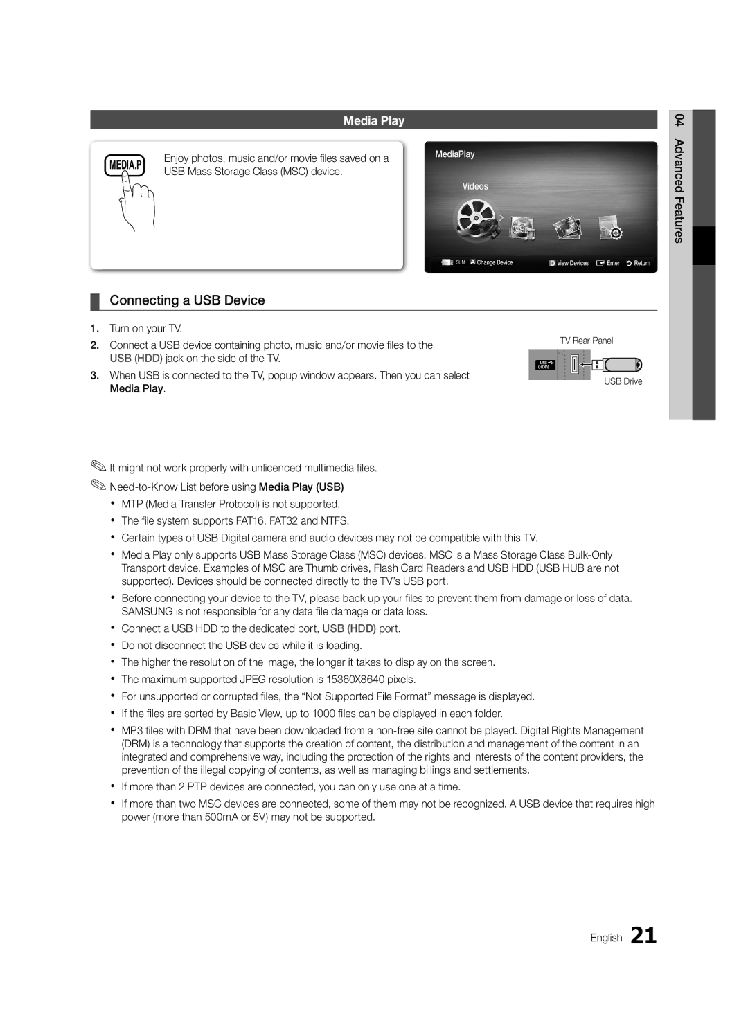 Samsung UA32C4000PXKE Connecting a USB Device, Media Play, USB Mass Storage Class MSC device, TV Rear Panel USB Drive 