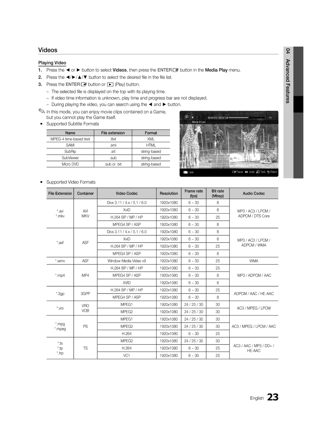 Samsung UA32C4000PXSJ, UA26C4000PXSV, UA26C4000PXTW, UA32C4000PXUM, UA22C4000PXHC manual Videos, Advanced Features English 