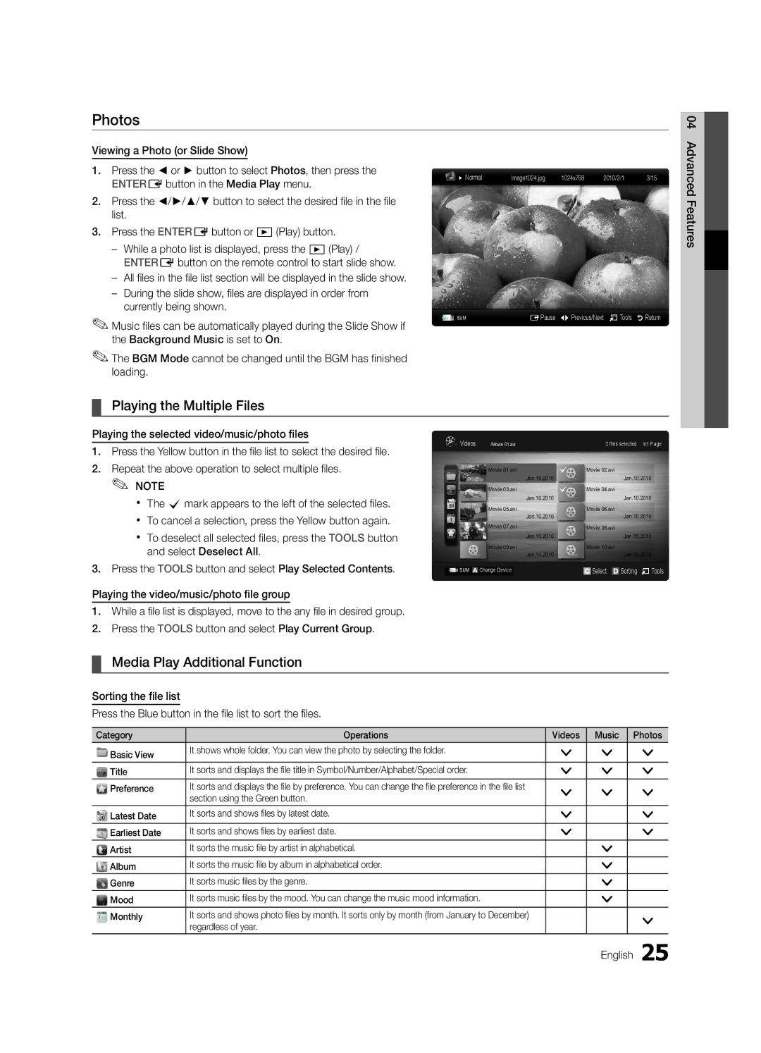 Samsung UA22C4000PXXV Photos, Playing the Multiple Files, Media Play Additional Function, Section using the Green button 