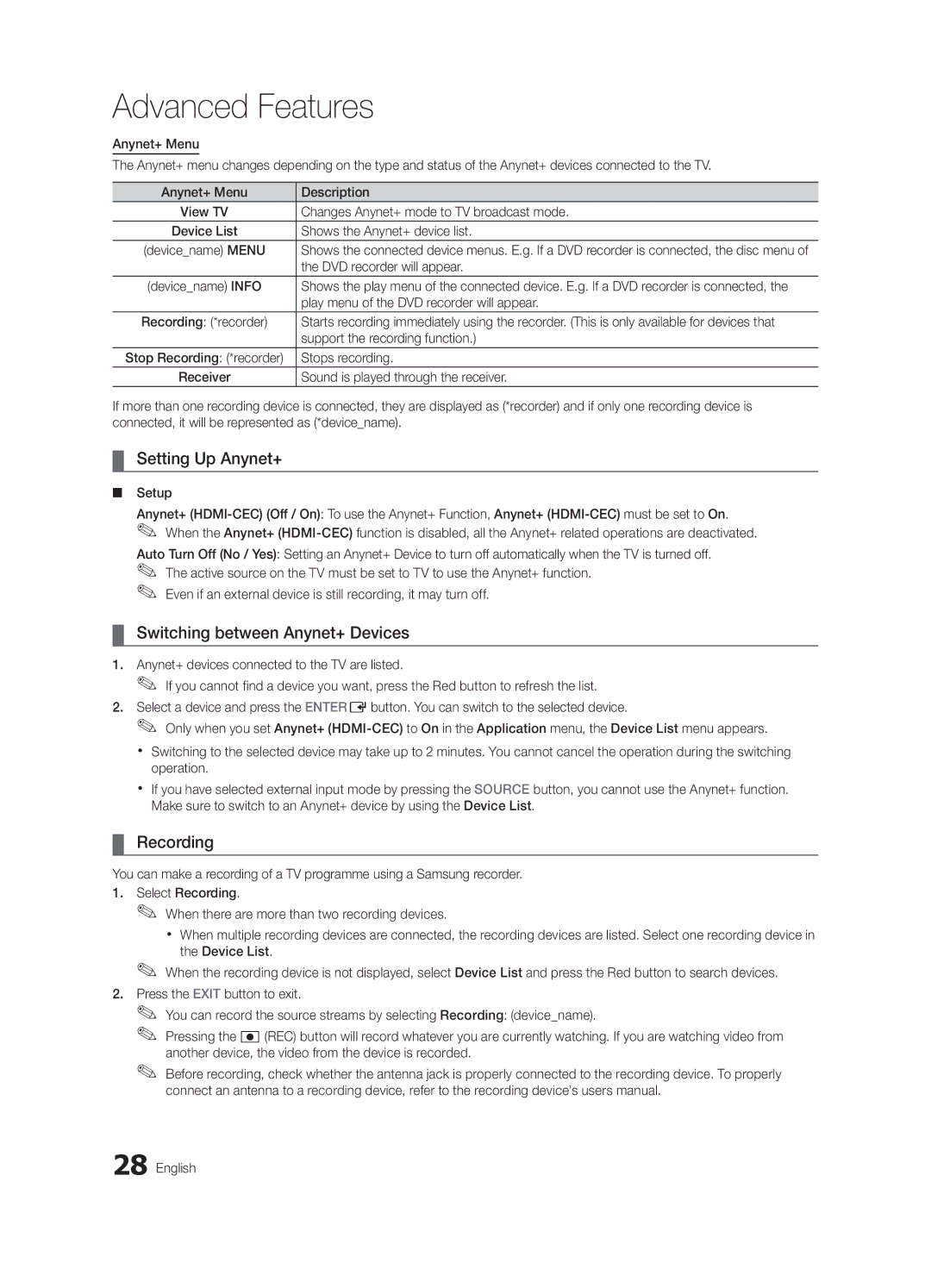 Samsung UA26C4000PXXV, UA26C4000PXSV, UA26C4000PXTW manual Setting Up Anynet+, Switching between Anynet+ Devices, Recording 