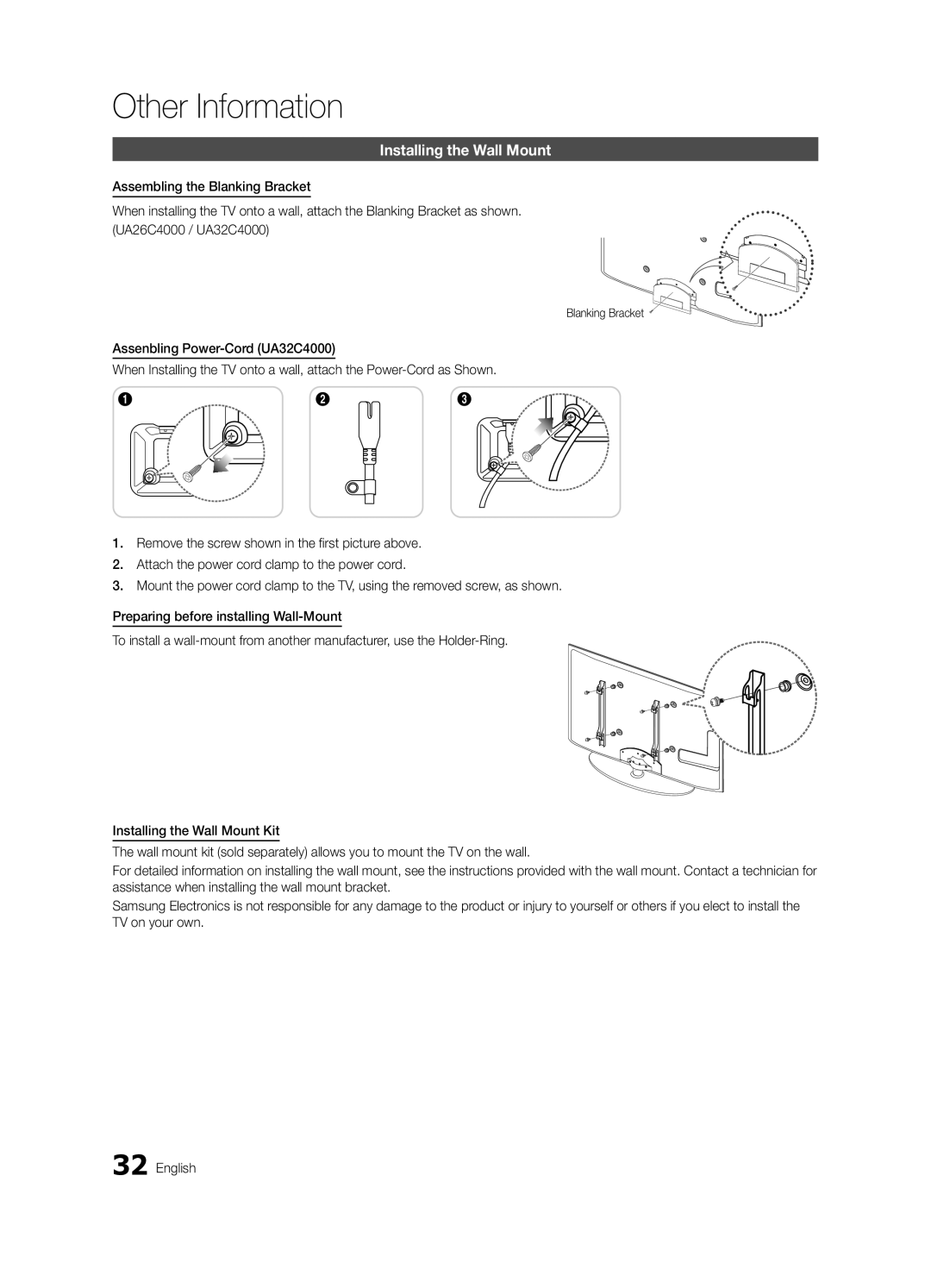 Samsung UA26C4000PXTW, UA26C4000PXSV, UA32C4000PXUM, UA22C4000PXHC, UA22C4000PXSV Installing the Wall Mount, Blanking Bracket 