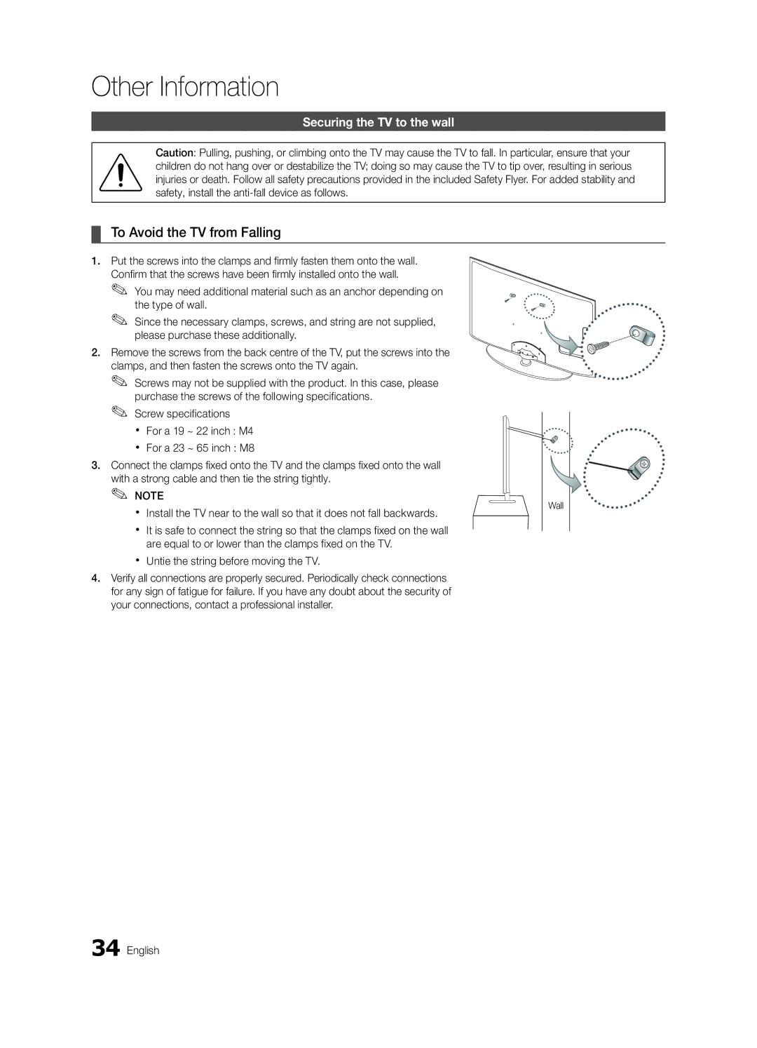 Samsung UA22C4000PXHC, UA26C4000PXSV, UA26C4000PXTW manual To Avoid the TV from Falling, Securing the TV to the wall, Wall 