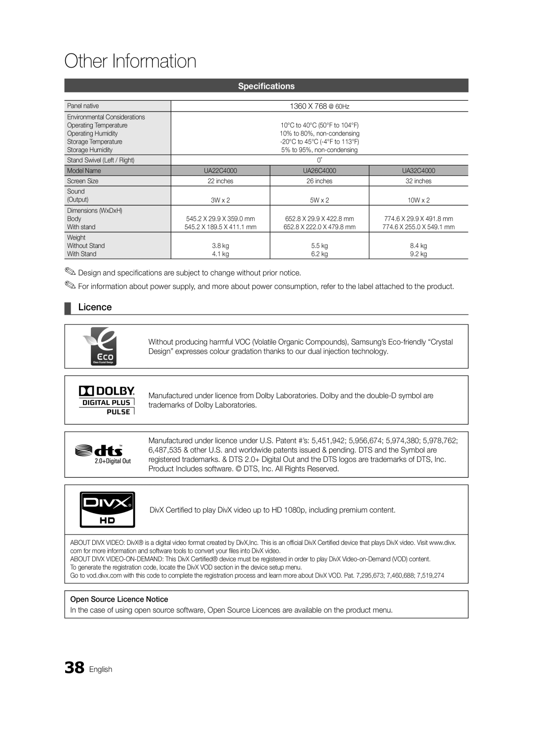 Samsung UA32C4000PXSQ, UA26C4000PXSV, UA26C4000PXTW, UA32C4000PXUM, UA22C4000PXHC, UA22C4000PXSV manual Licence, Specifications 