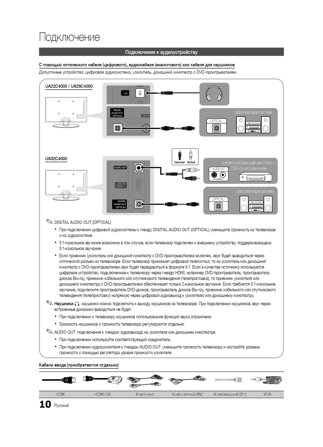 Samsung UA32C4000PXCS, UA26C4000PXCS manual Подключение к аудиоустройству, Кабели ввода приобретаются отдельно, 10 Русский 