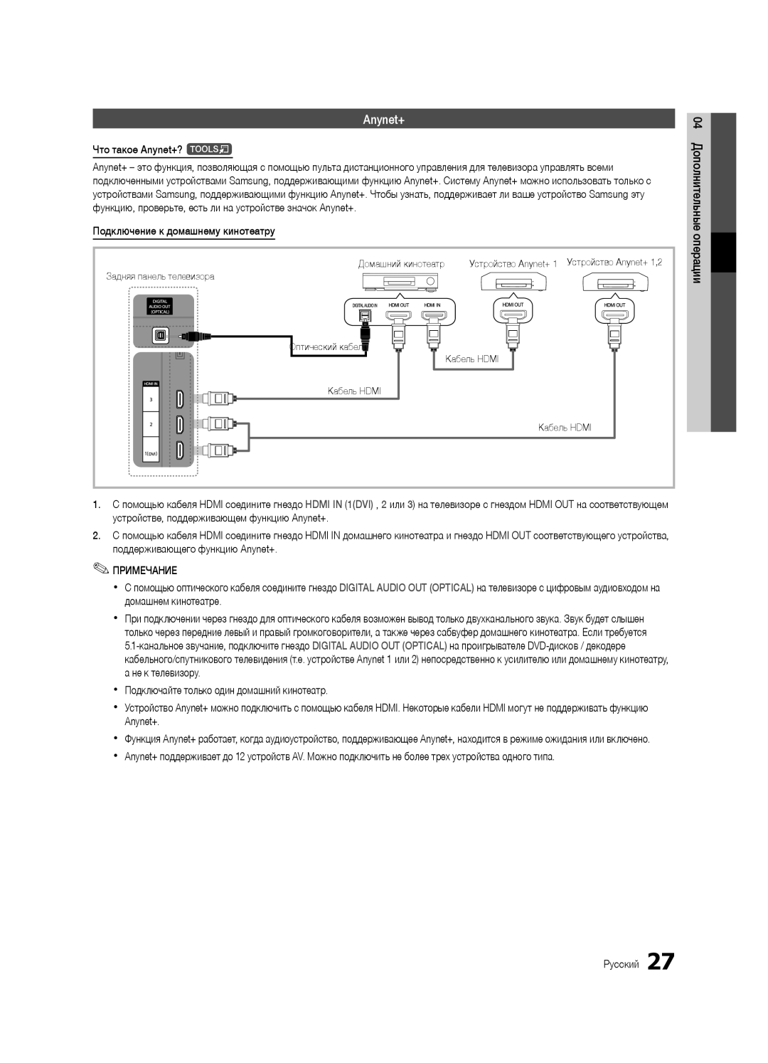 Samsung UA26C4000PXCS, UA32C4000PXCS manual Что такое Anynet+? t, Подключение к домашнему кинотеатру, Домашний кинотеатр 