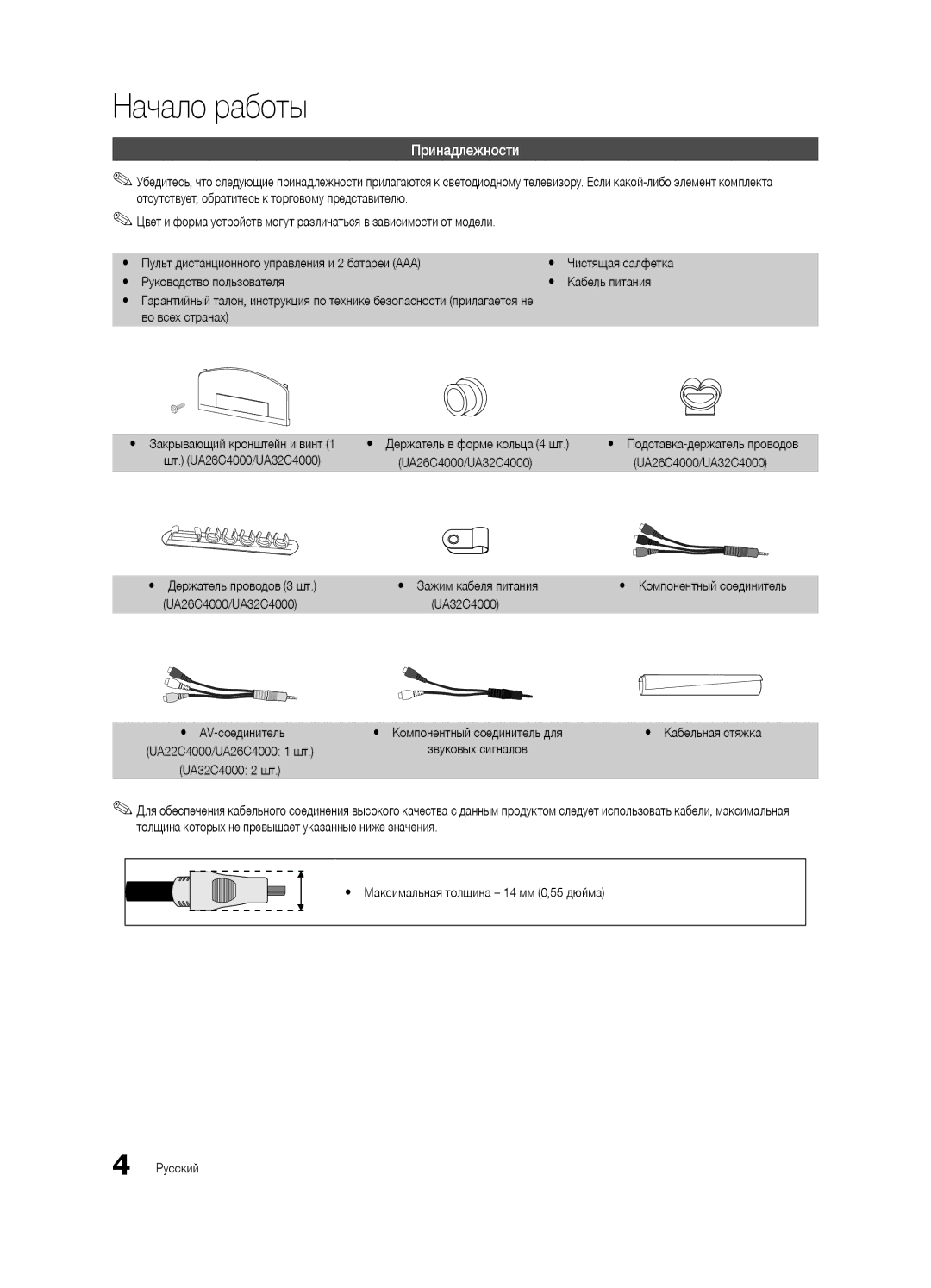 Samsung UA32C4000PXCS manual Начало работы, Принадлежности, Руководство пользователя Кабель питания, Во всех странах 