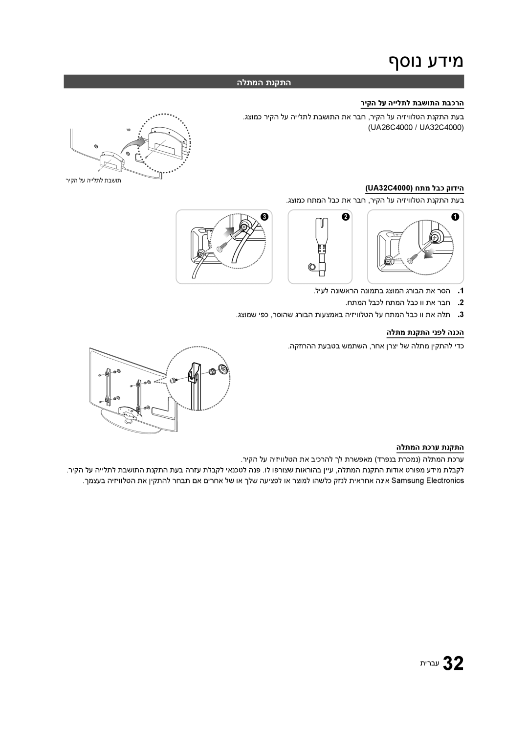 Samsung UA32C4000PXSQ manual הלתמה תנקתה, ריקה לע היילתל תבשותה תבכרה, UA32C4000 חתמ לבכ קודיה, הלתמ תנקתה ינפל הנכה 