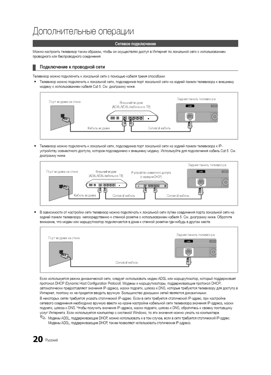 Samsung UA40C5000QRXCS, UA32C5000QRXCS manual Подключение к проводной сети, Сетевое подключение, Диаграмму ниже, 20 Русский 