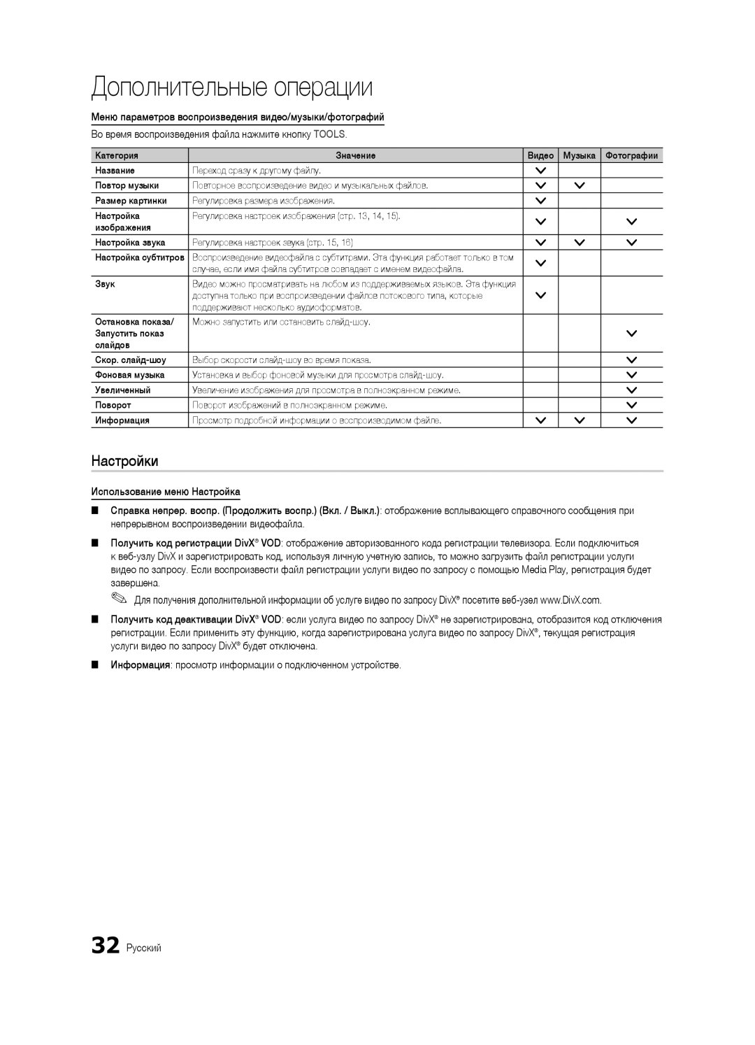 Samsung UA40C5000QRXCS, UA32C5000QRXCS, UA46C5000QRXCS manual Настройки 