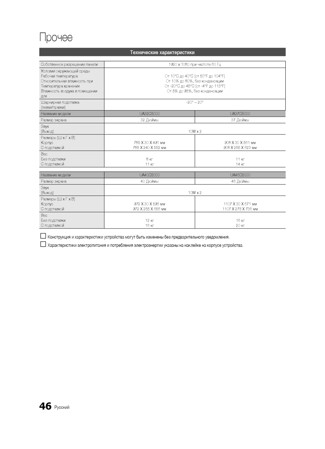 Samsung UA46C5000QRXCS, UA32C5000QRXCS, UA40C5000QRXCS manual Технические характеристики 