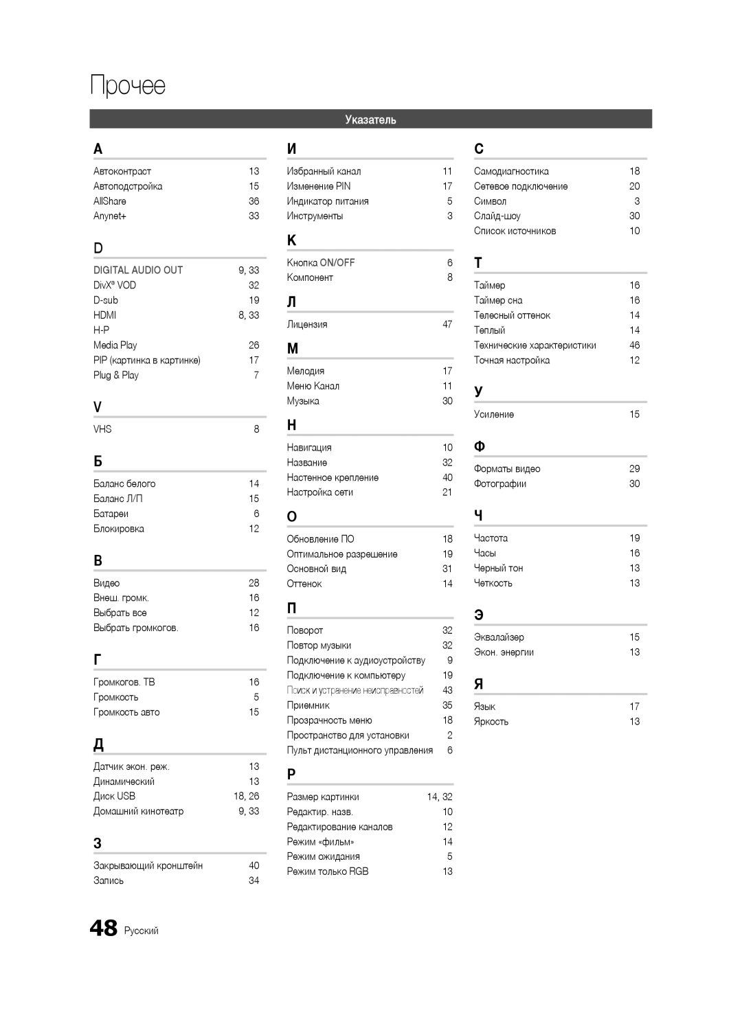 Samsung UA32C5000QRXCS, UA46C5000QRXCS, UA40C5000QRXCS manual Указатель 