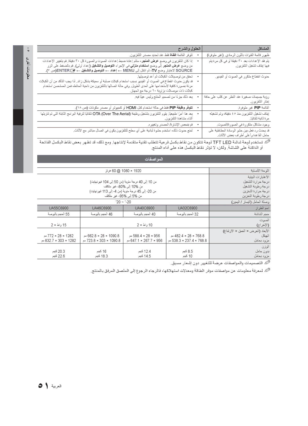 Samsung UA40C6900VRXTW, UA32C6900VRXZN, UA46C6900VRSHD, UA60C6900VRXSW manual تافصاوملا, 05 ىرخأ تامولعم حرشلاو لولحلا لكاشملا 