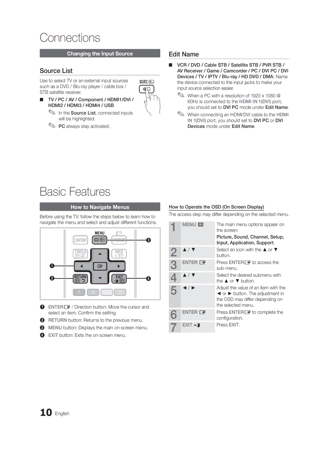 Samsung UA40C6900VRXUM, UA32C6900VRXZN manual Source List, Edit Name, Changing the Input Source, How to Navigate Menus 