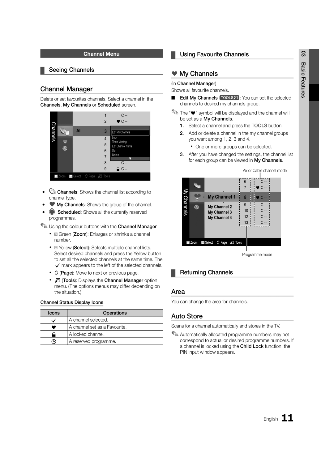 Samsung UA60C6900VRXZN, UA32C6900VRXZN, UA46C6900VRSHD, UA60C6900VRXSW manual Channel Manager, My Channels, Area, Auto Store 