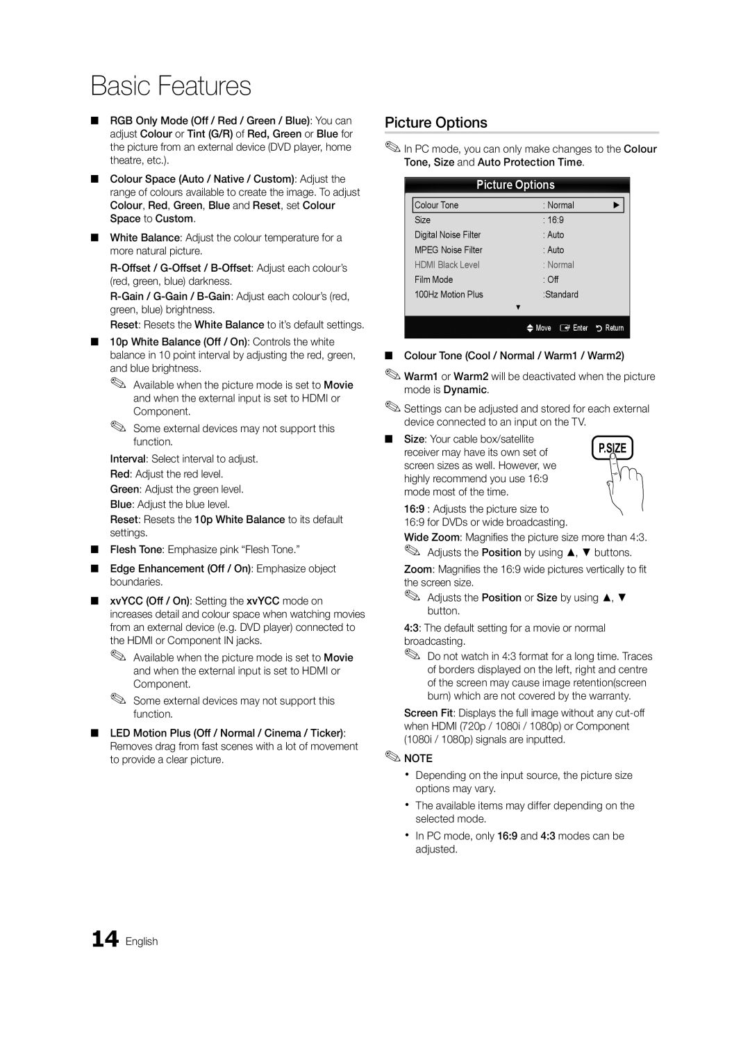 Samsung UA60C6900VRXTW manual Picture Options, Receiver may have its own set, Film Mode Off 100Hz Motion Plus Standard 