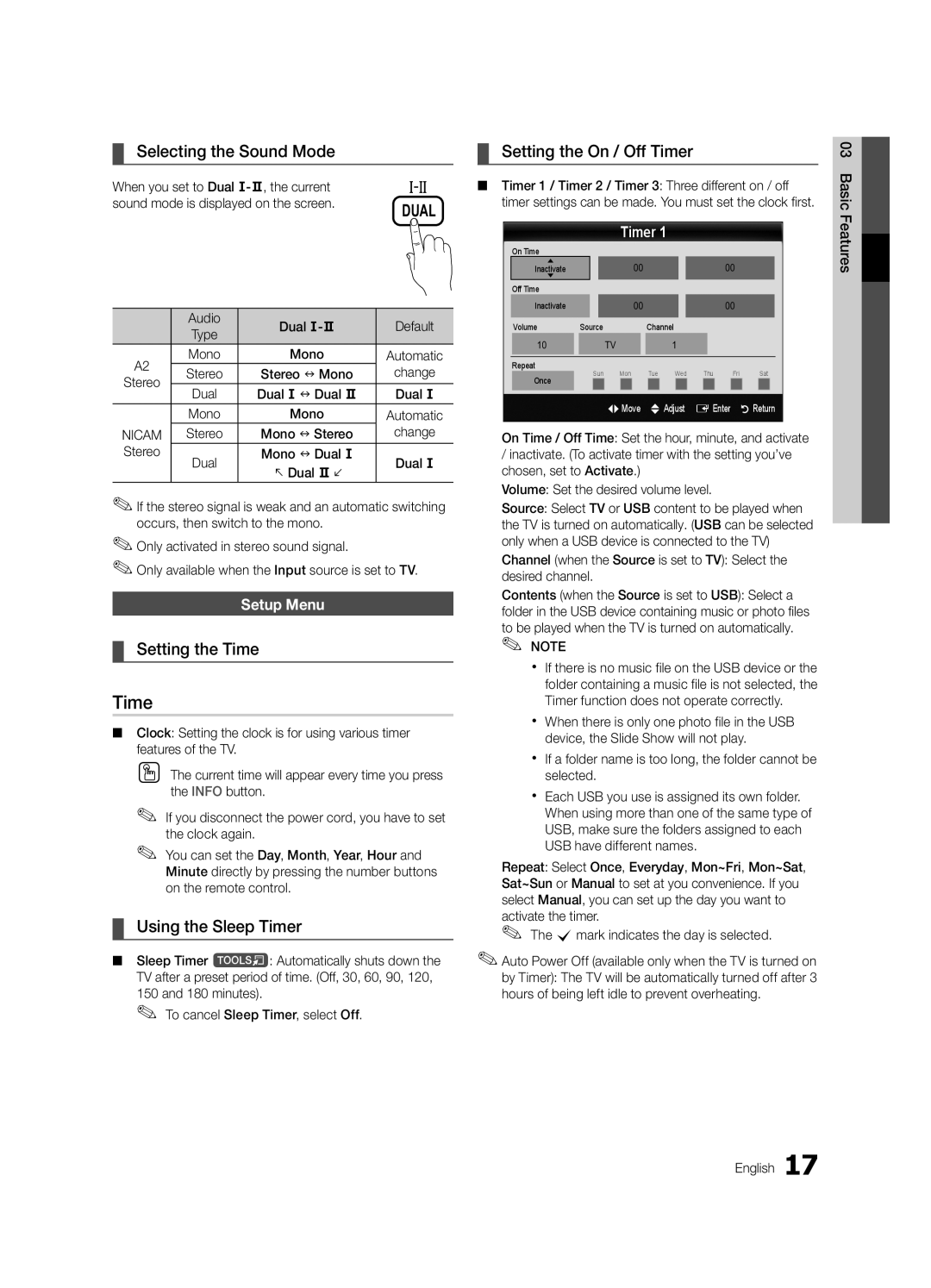 Samsung UA40C6900VRXTW Selecting the Sound Mode, Setting the Time, Using the Sleep Timer, Setting the On / Off Timer 