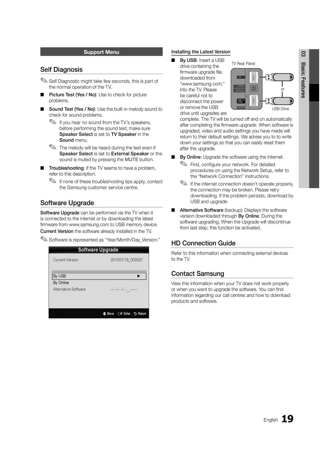 Samsung UA32C6900VRXTW, UA32C6900VRXZN manual Self Diagnosis, Software Upgrade, HD Connection Guide, Contact Samsung 