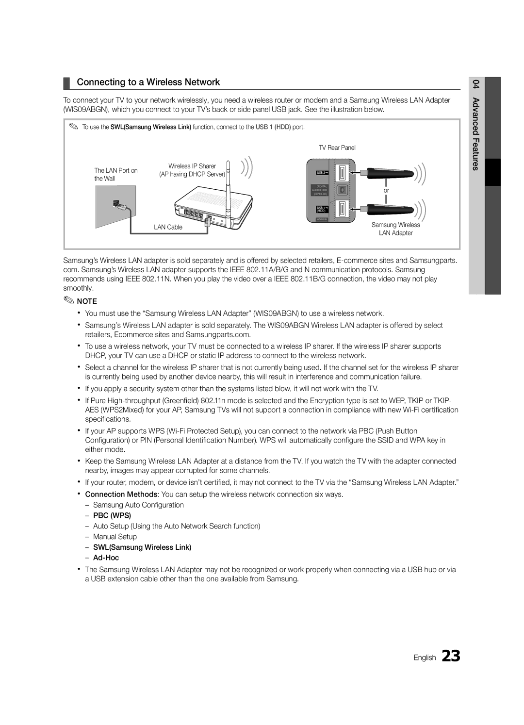 Samsung UA32C6900VRXSV, UA32C6900VRXZN, UA46C6900VRSHD, UA60C6900VRXSW Connecting to a Wireless Network, Advanced, Features 