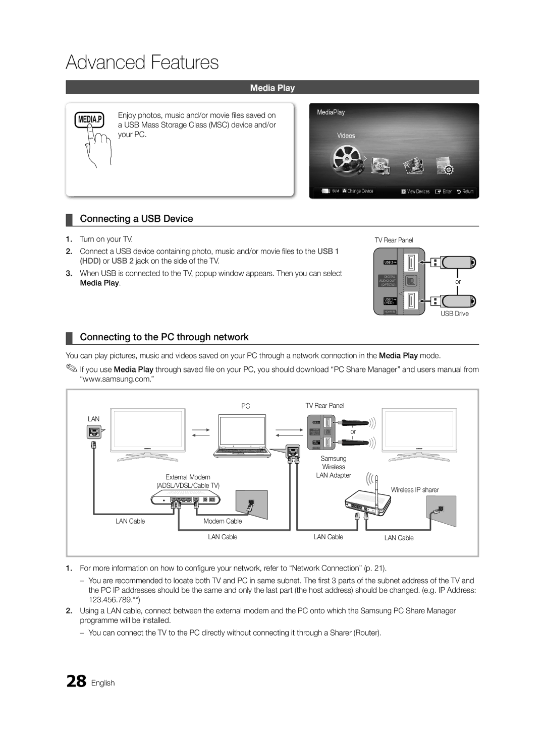 Samsung UA40C6900VRXZN, UA32C6900VRXZN manual Connecting a USB Device, Connecting to the PC through network, Media Play 