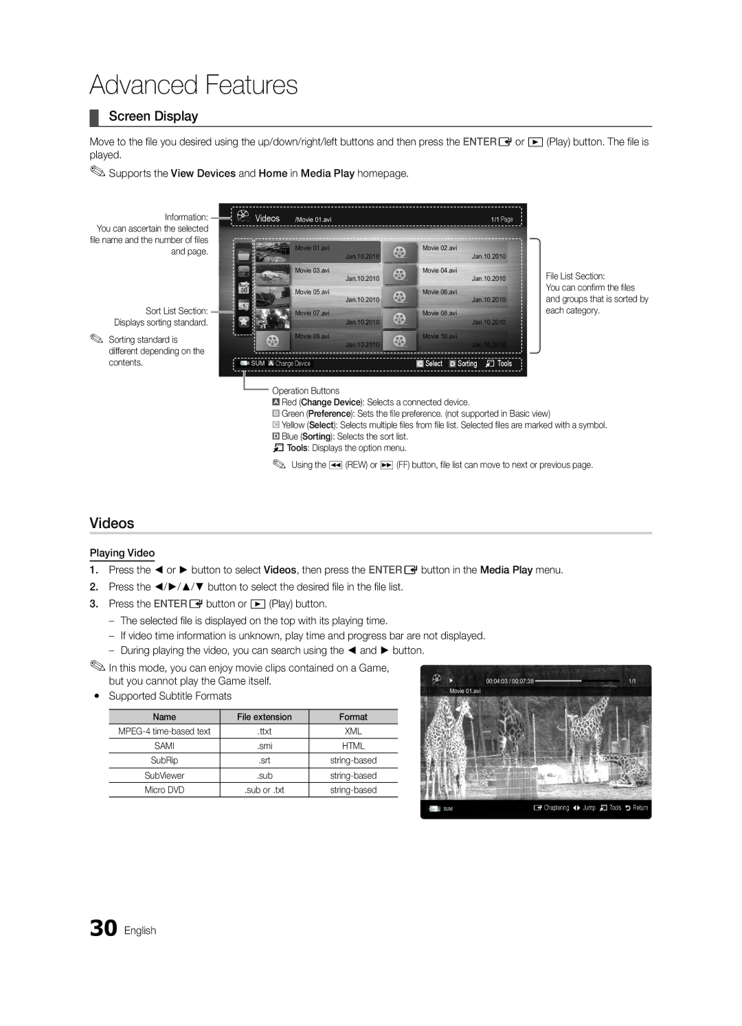 Samsung UA55C6900VRXSJ, UA32C6900VRXZN Videos, Screen Display, Sorting standard is different depending on the contents 