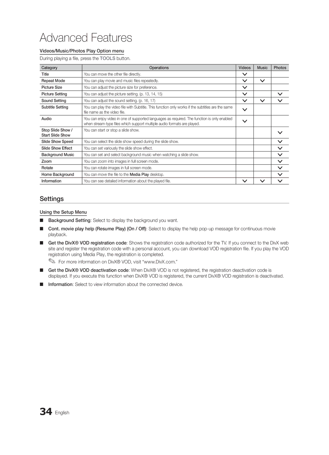 Samsung UA46C6900VRXXT, UA32C6900VRXZN, UA46C6900VRSHD, UA60C6900VRXSW manual Settings, File name as the video file Audio 