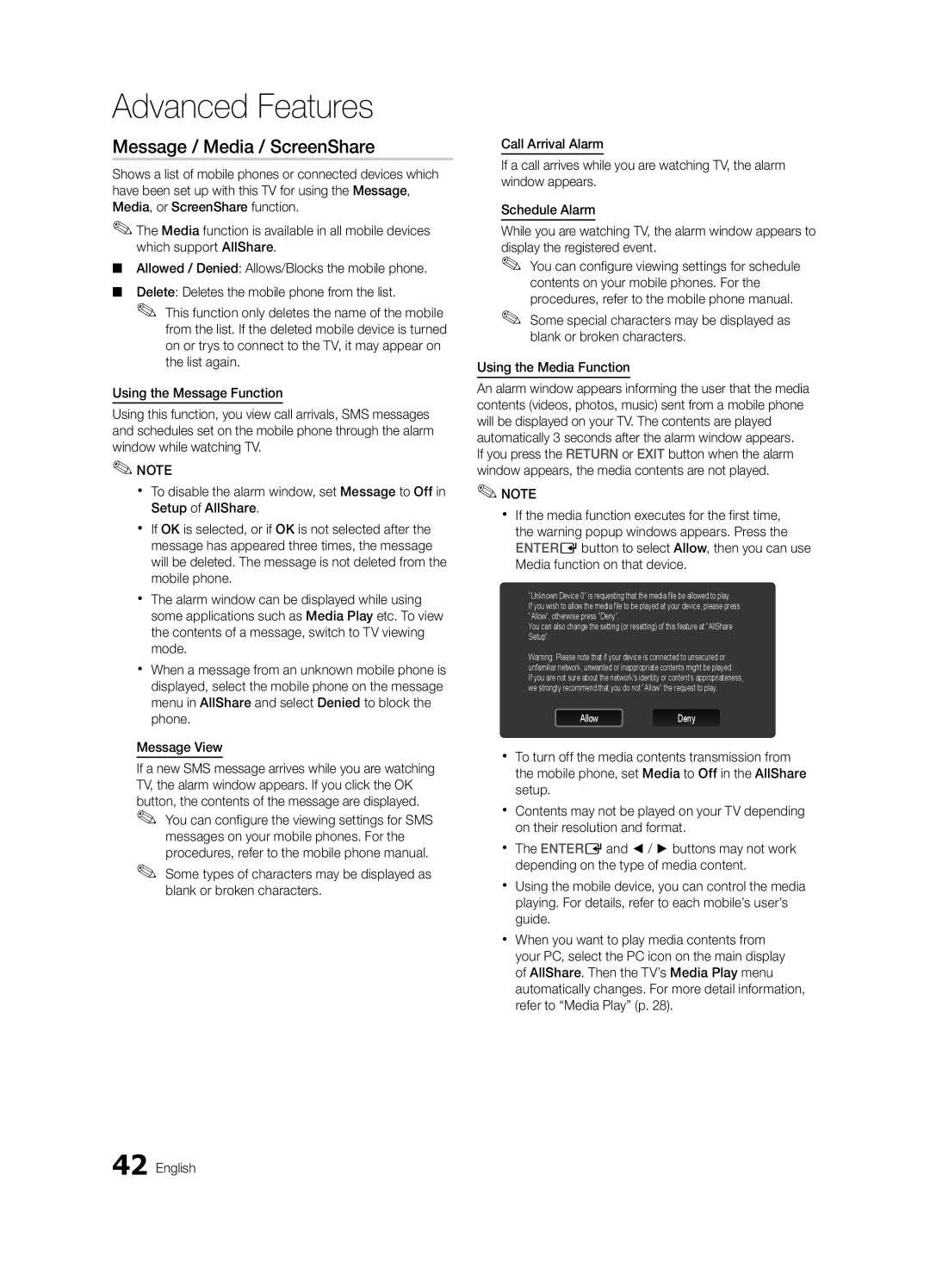 Samsung UA55C6900VRXSQ, UA32C6900VRXZN manual Message / Media / ScreenShare, You can configure the viewing settings for SMS 