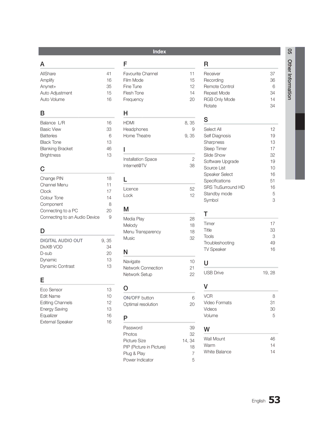 Samsung UA60C6900VRXUM Index, Favourite Channel Film Mode Fine Tune Flesh Tone Frequency, Connecting to an Audio Device 