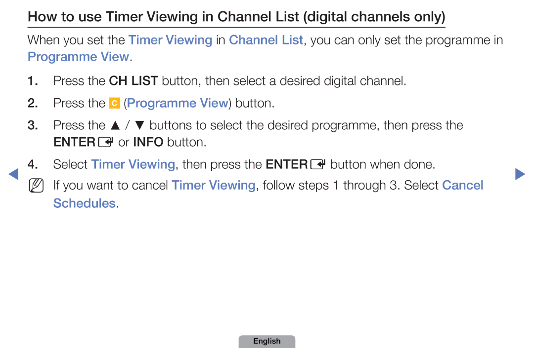 Samsung UA32D5800VRXXT manual Programme View button, Schedules 