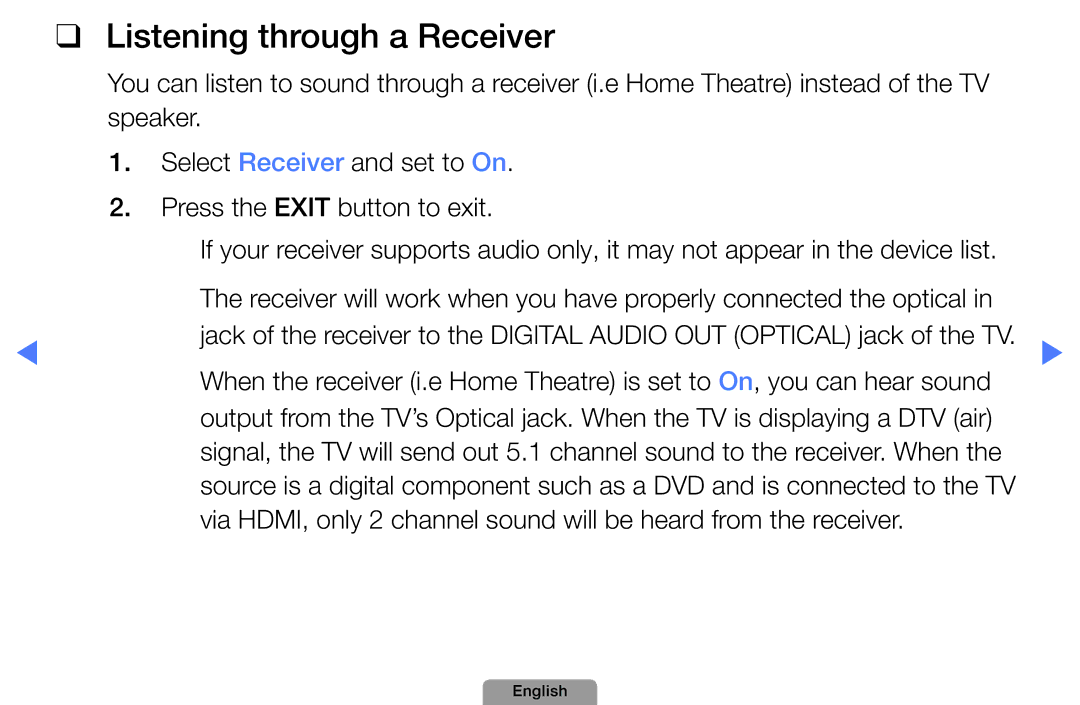 Samsung UA32D5800VRXXT manual Listening through a Receiver 