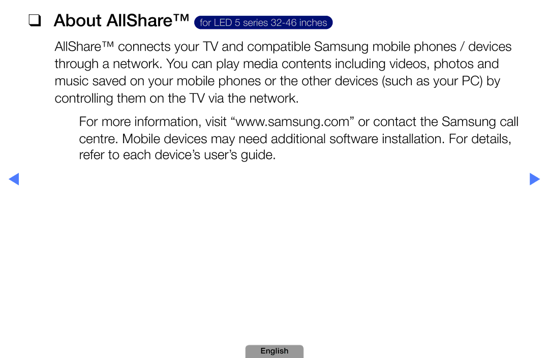 Samsung UA32D5800VRXXT manual About AllShare for LED 5 series 32-46 inches 