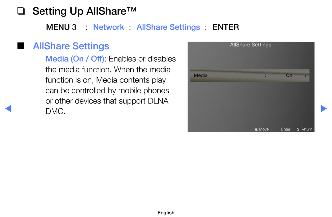 Samsung UA32D5800VRXXT manual Setting Up AllShare, OOMENUm → Network → AllShare Settings → Entere 
