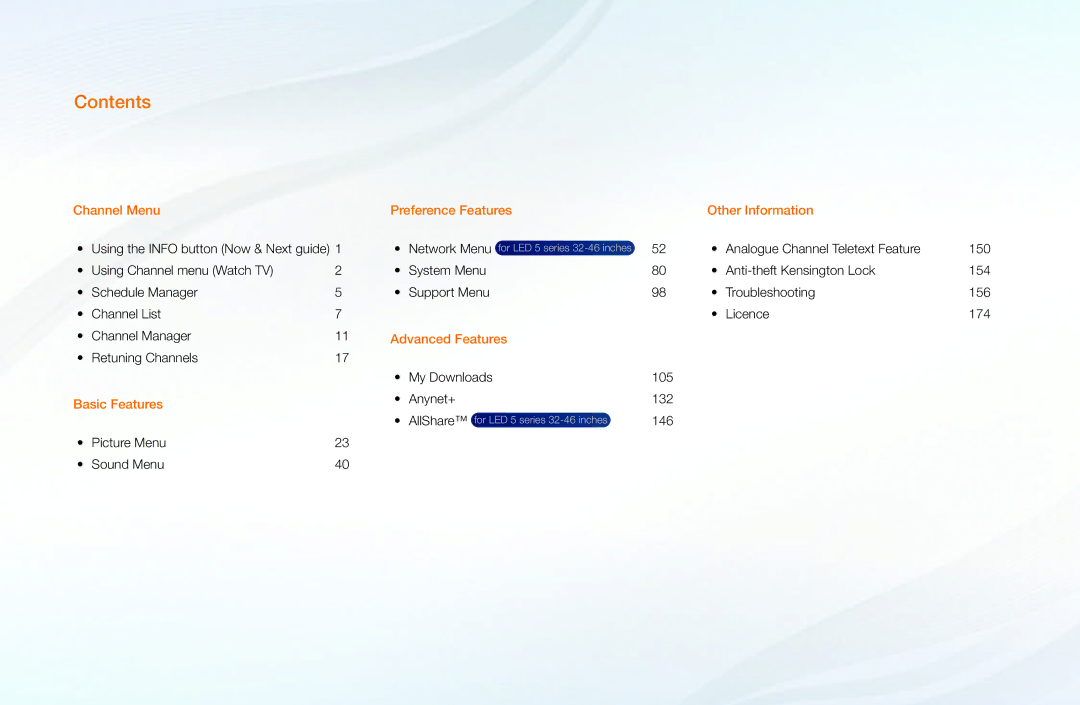 Samsung UA32D5800VRXXT manual Contents 