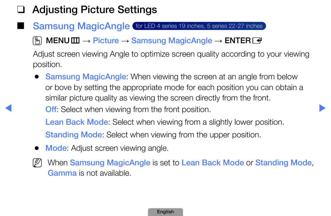 Samsung UA32D5800VRXXT manual Adjusting Picture Settings, OOMENUm → Picture → Samsung MagicAngle → Entere 