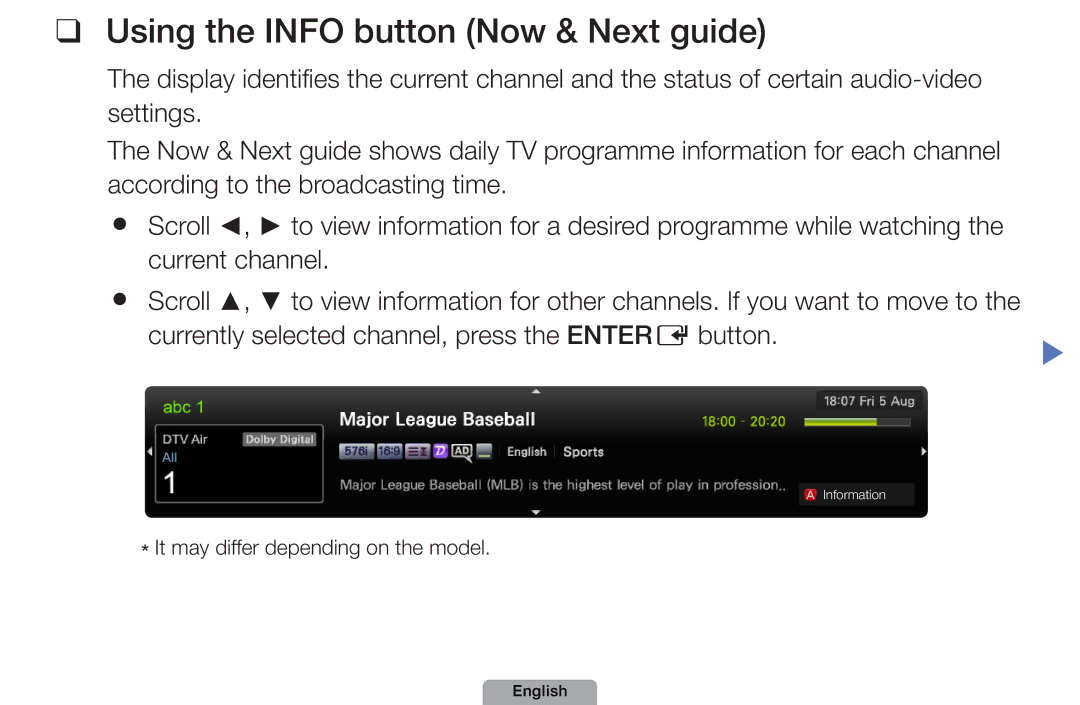 Samsung UA32D5800VRXXT manual Using the Info button Now & Next guide 