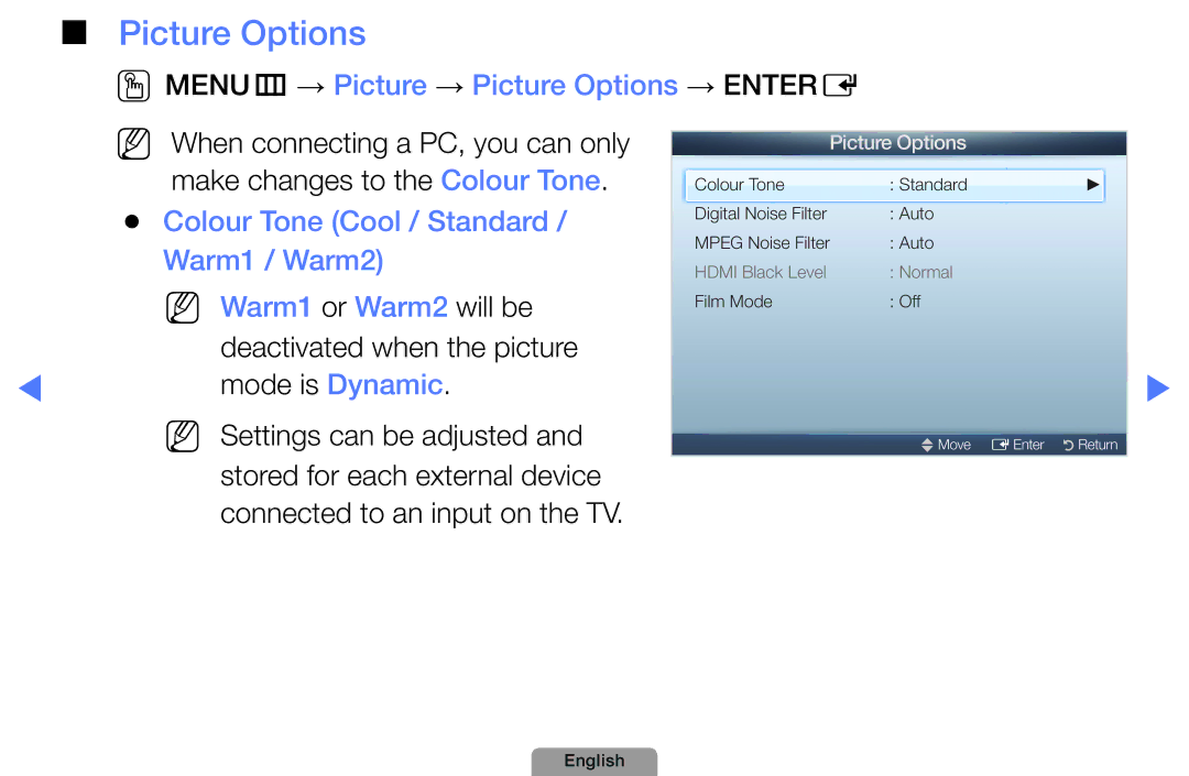 Samsung UA32D5800VRXXT manual OOMENUm → Picture → Picture Options → Entere, Colour Tone Cool / Standard, Warm1 / Warm2 