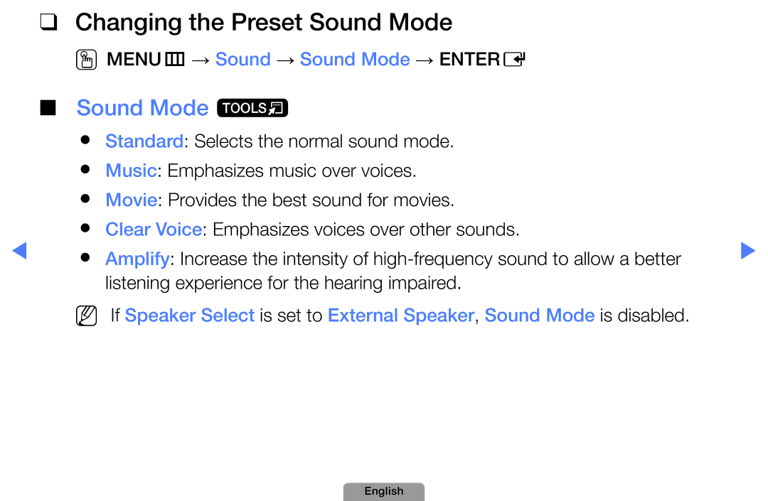 Samsung UA32D5800VRXXT manual Changing the Preset Sound Mode, Sound Mode t, OOMENUm → Sound → Sound Mode → Entere 