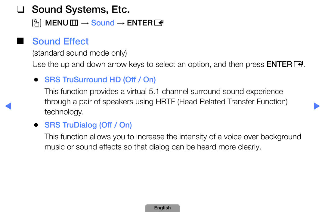 Samsung UA32D5800VRXXT manual Sound Systems, Etc, Sound Effect, SRS TruSurround HD Off / On, SRS TruDialog Off / On 