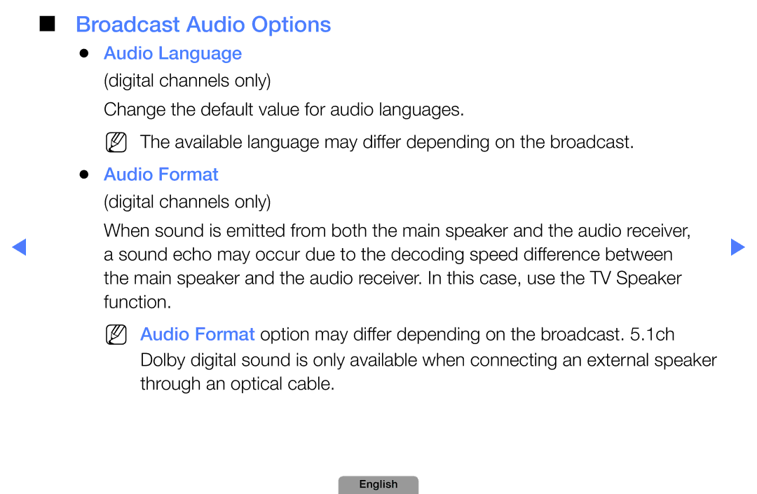 Samsung UA32D5800VRXXT manual Broadcast Audio Options, Audio Language, Audio Format 