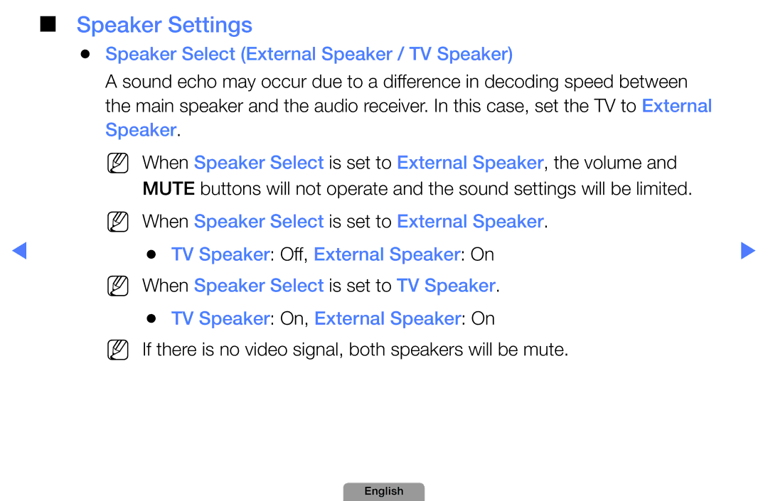 Samsung UA32D5800VRXXT manual Speaker Settings, Speaker Select External Speaker / TV Speaker 