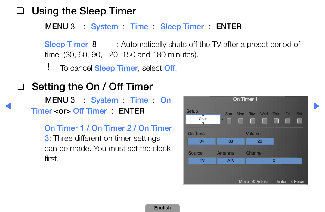 Samsung UA32D5800VRXXT Using the Sleep Timer, Setting the On / Off Timer, OOMENUm → System → Time → Sleep Timer → Entere 