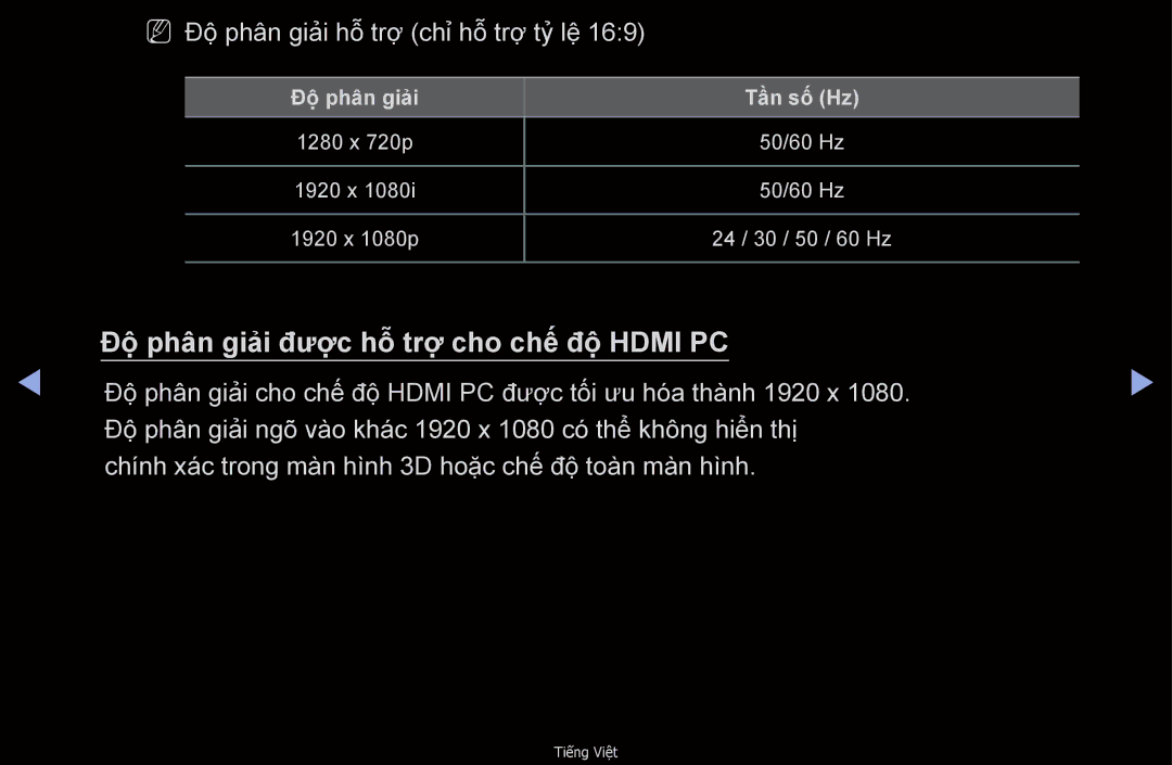 Samsung UA40D6600WMXXV, UA32D6000SNXXV, UA40D6000SNXXV, UA55D6600WMXXV manual Độ̣ phân giải được hỗ trợ cho chế độ̣ Hdmi PC 